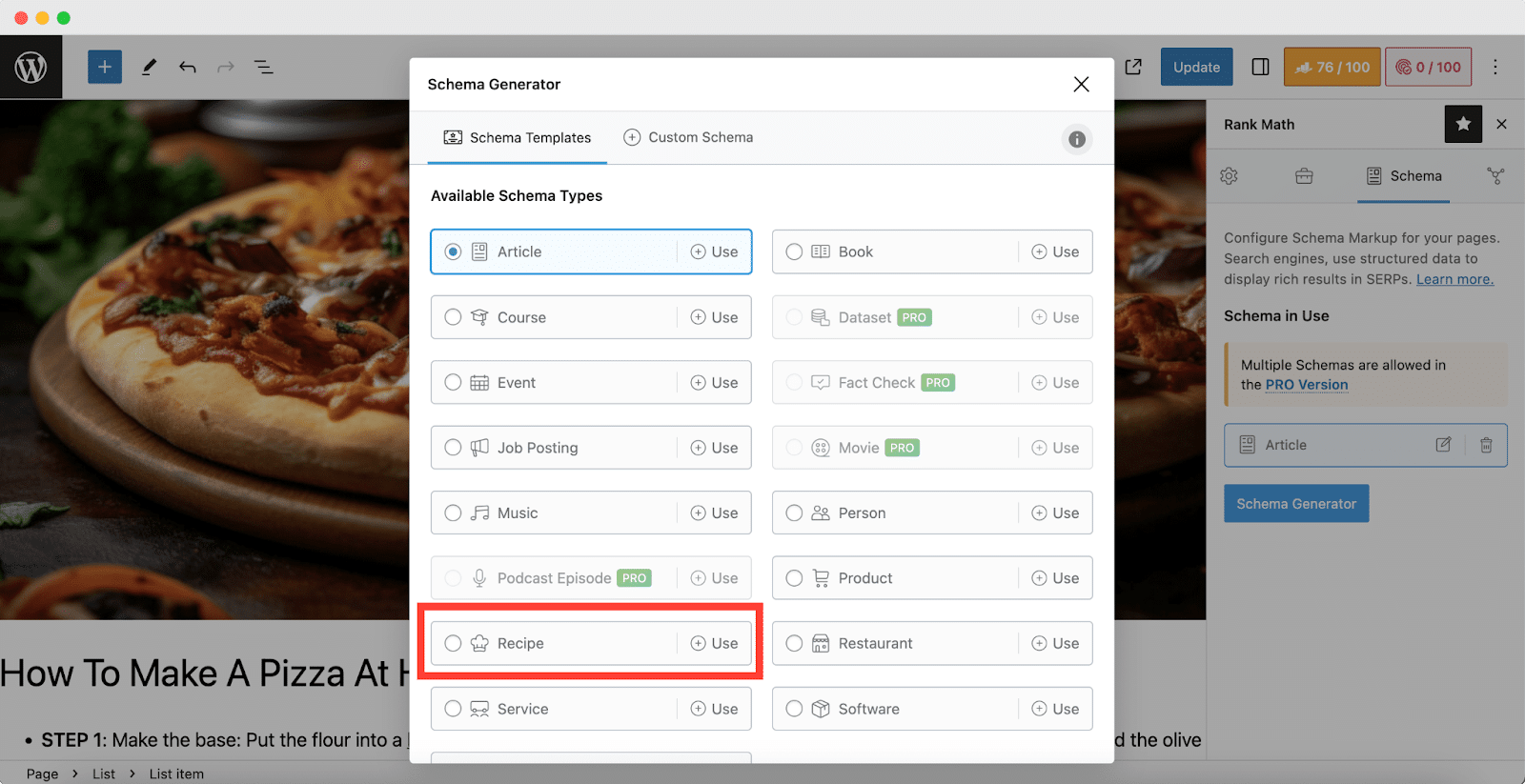 recipe schema in WordPress