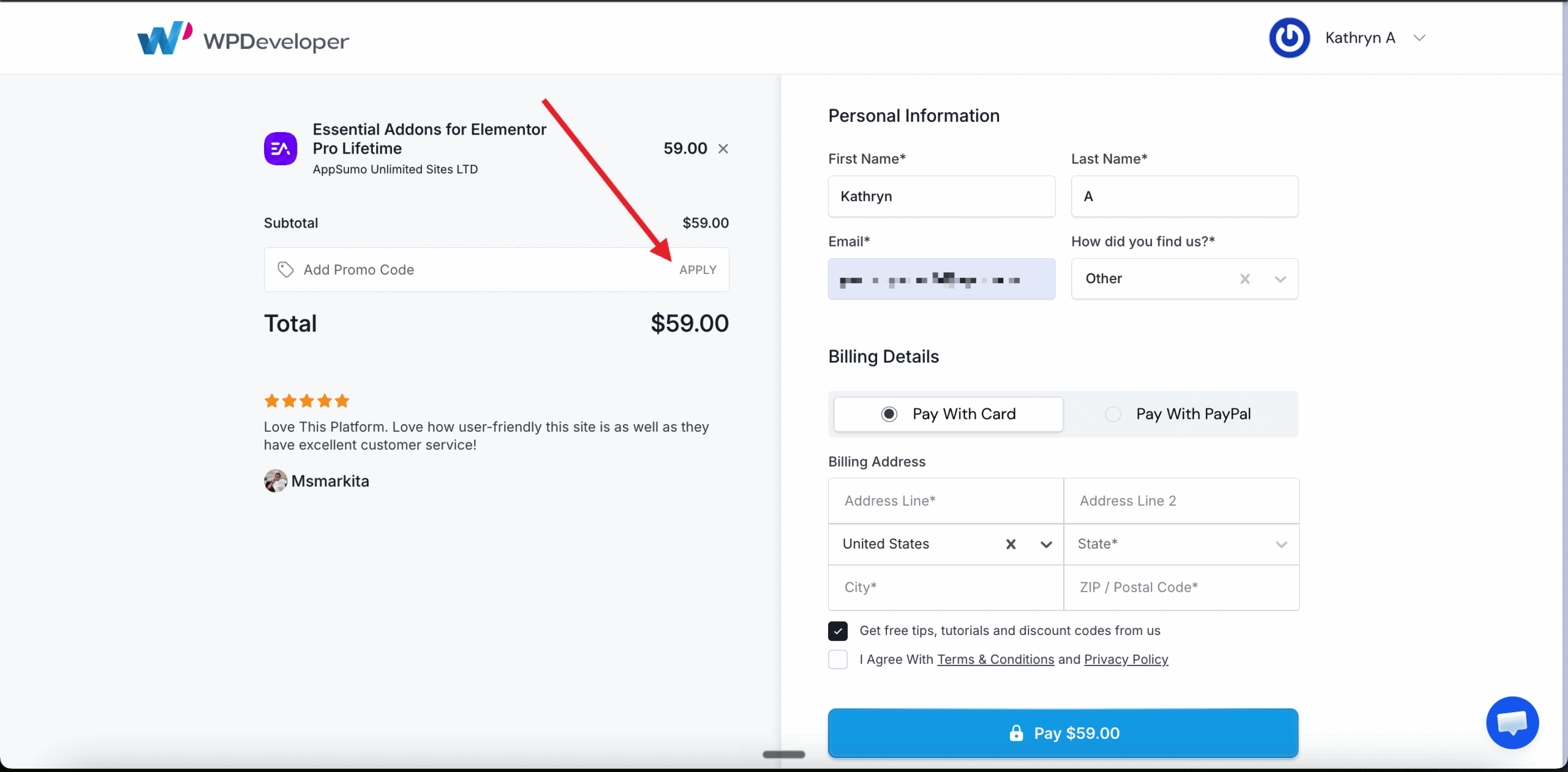 add the AppSumo promo code