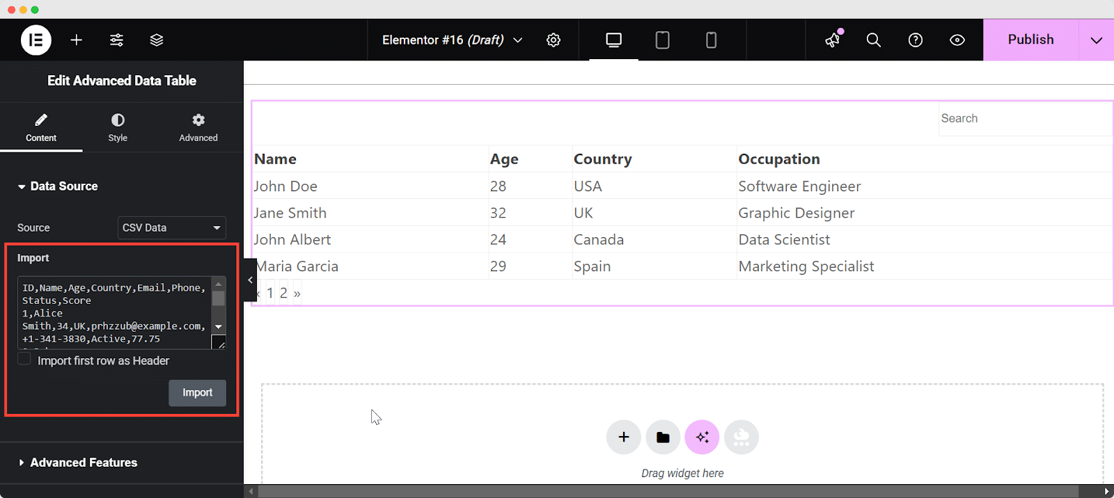 advanced data table