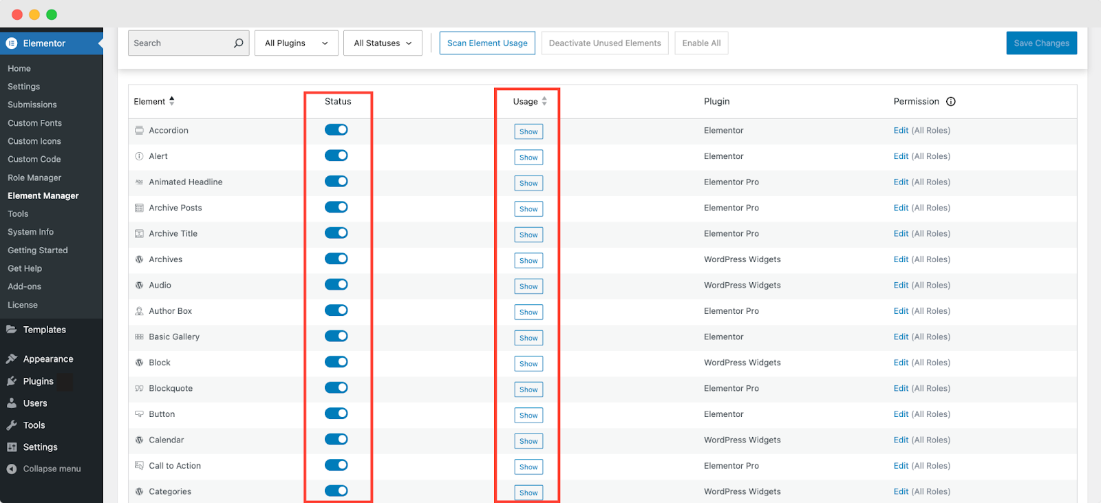 Element Manager with Role Permissions