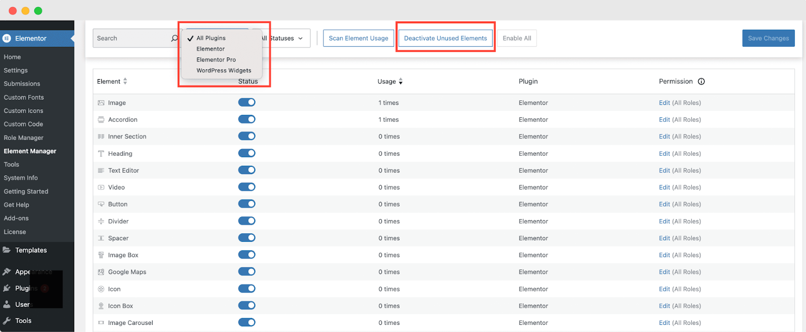 Element Manager with Role Permissions