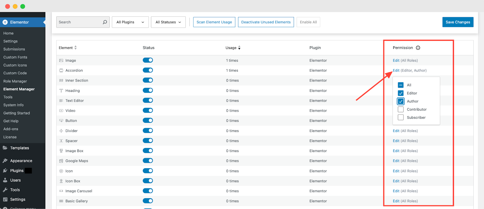 Element Manager with Role Permissions