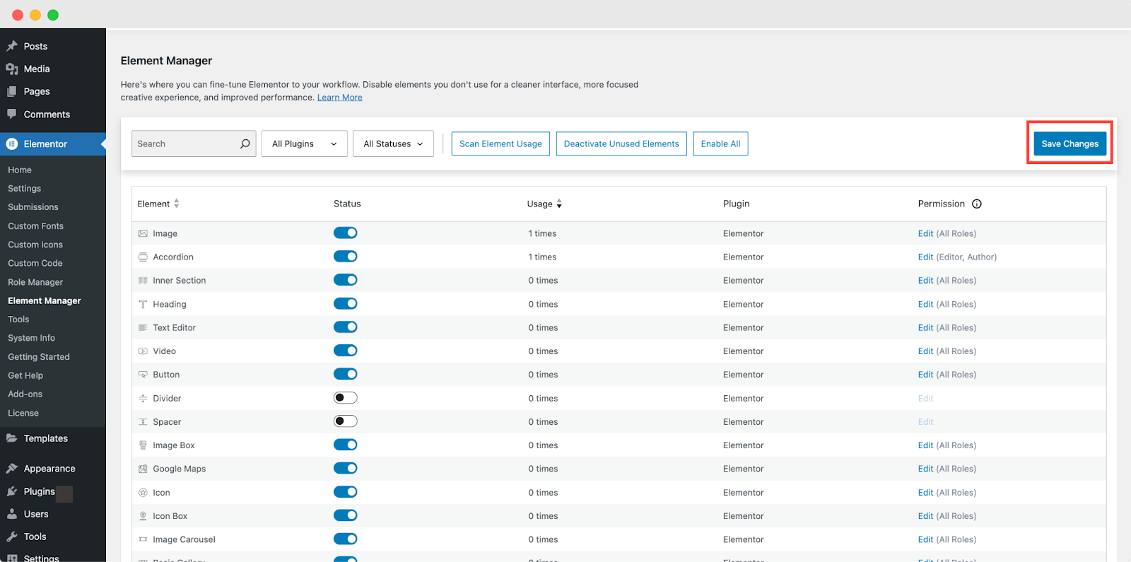 Element Manager with Role Permissions