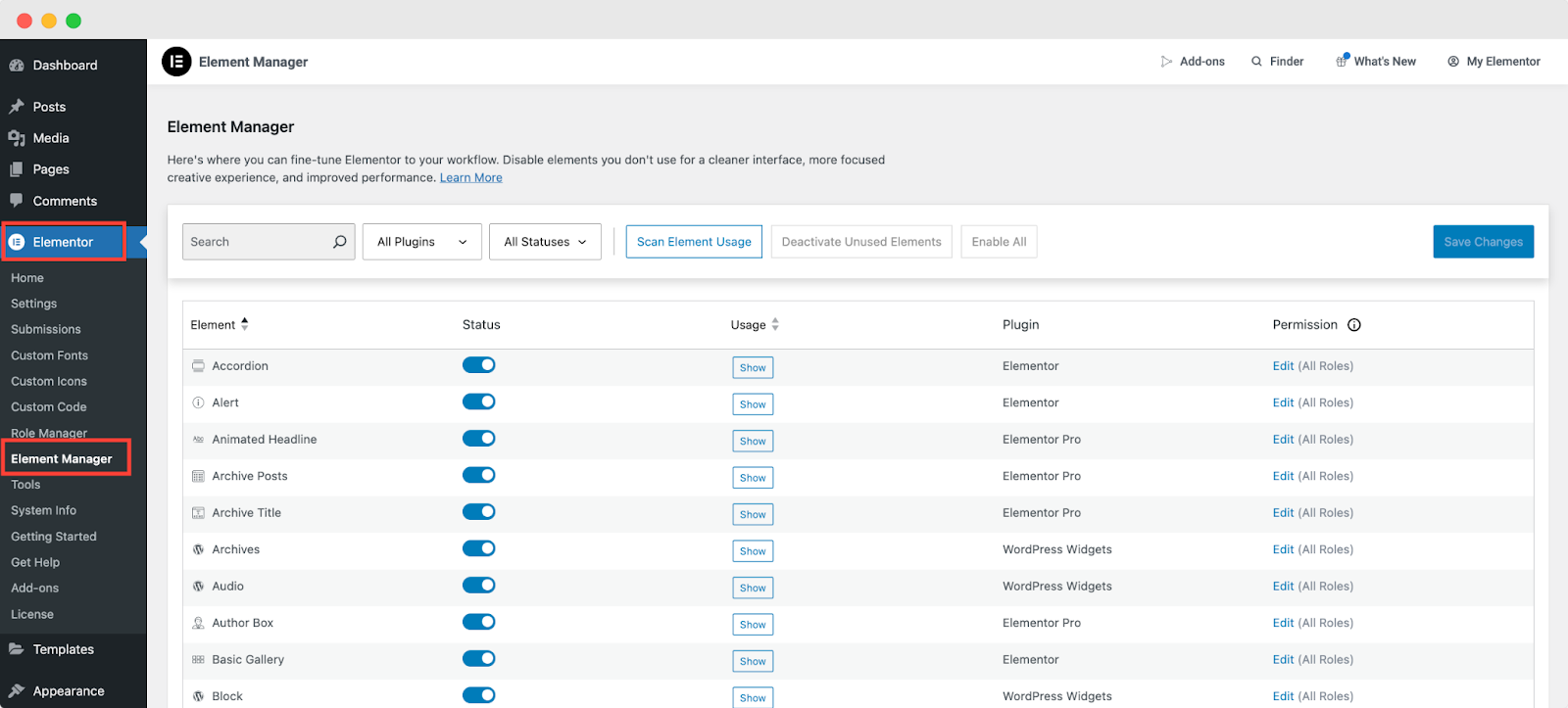 Element Manager with Role Permissions