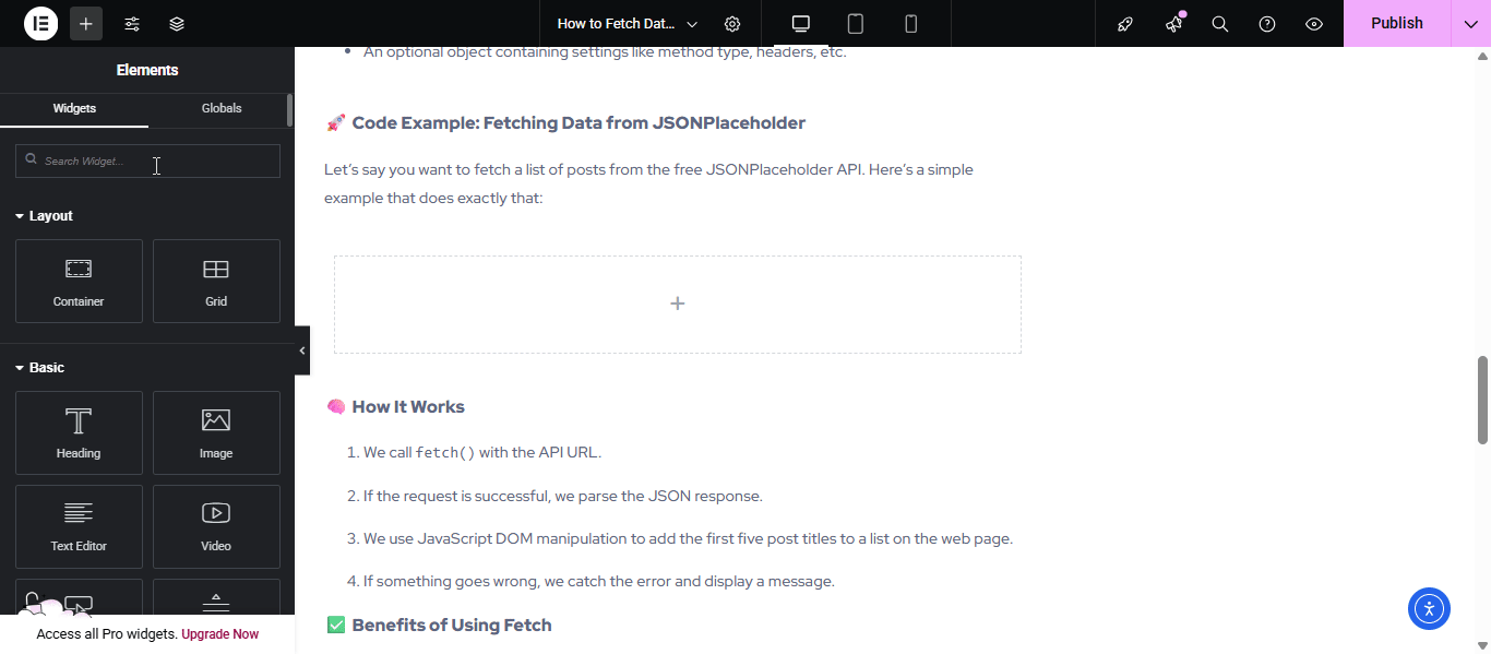 EA Code Snippet 1 Drag and drop code snippet in Elementor