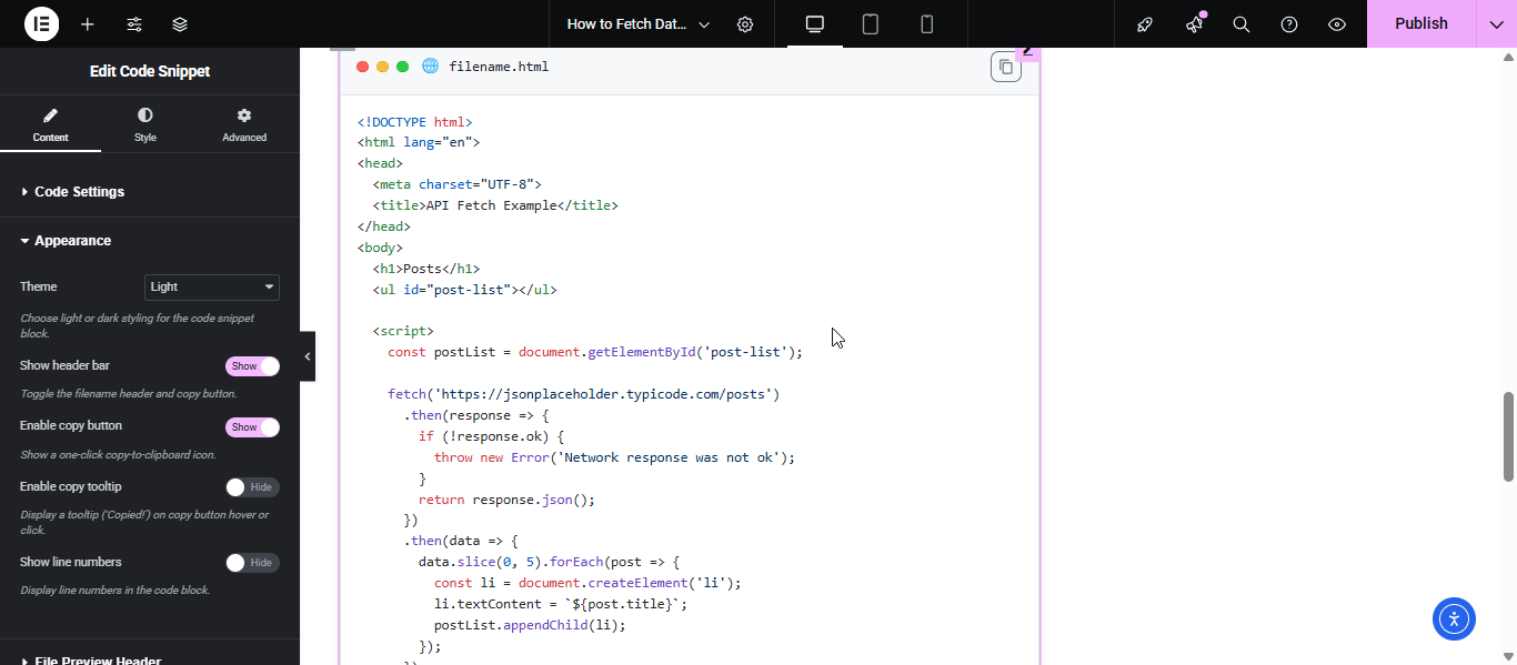 EA Code Snippet 4 Change the appearance in code snippet