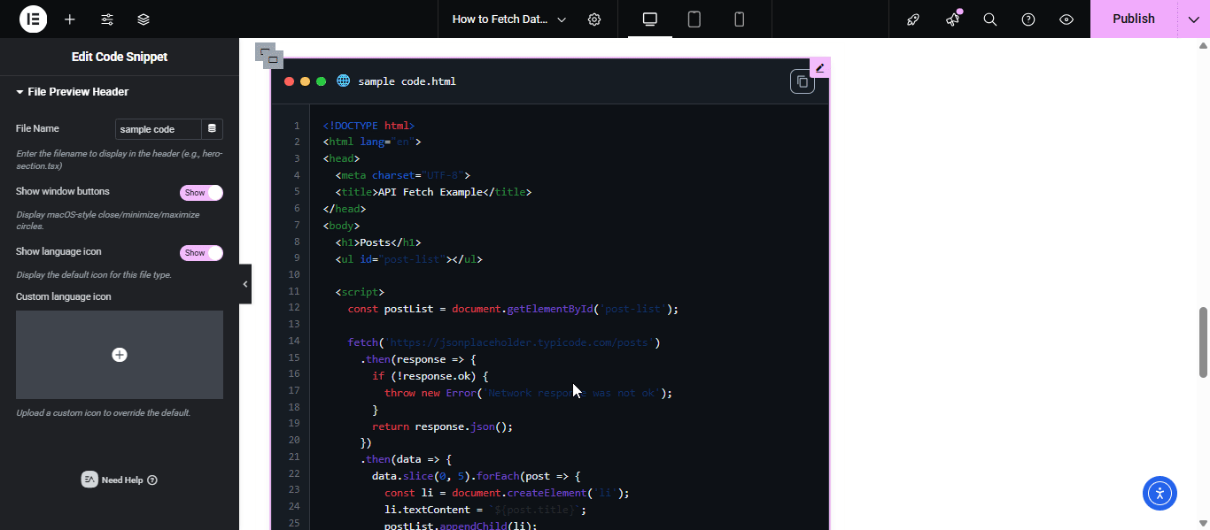 EA Code Snippet 6 Add icon for the code snippet