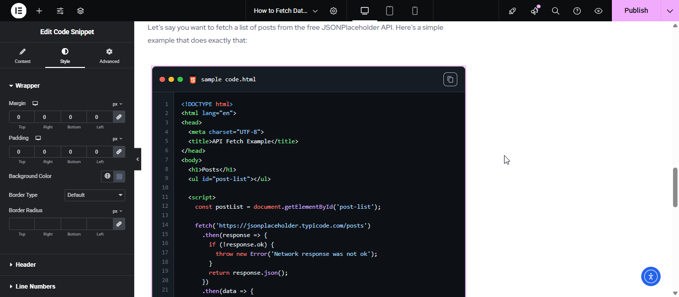 EA Code Snippet 7 Code snippet wrapper settings