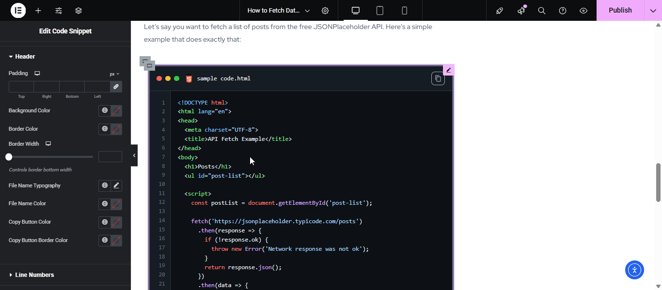 EA Code Snippet 8 Header in code snippet