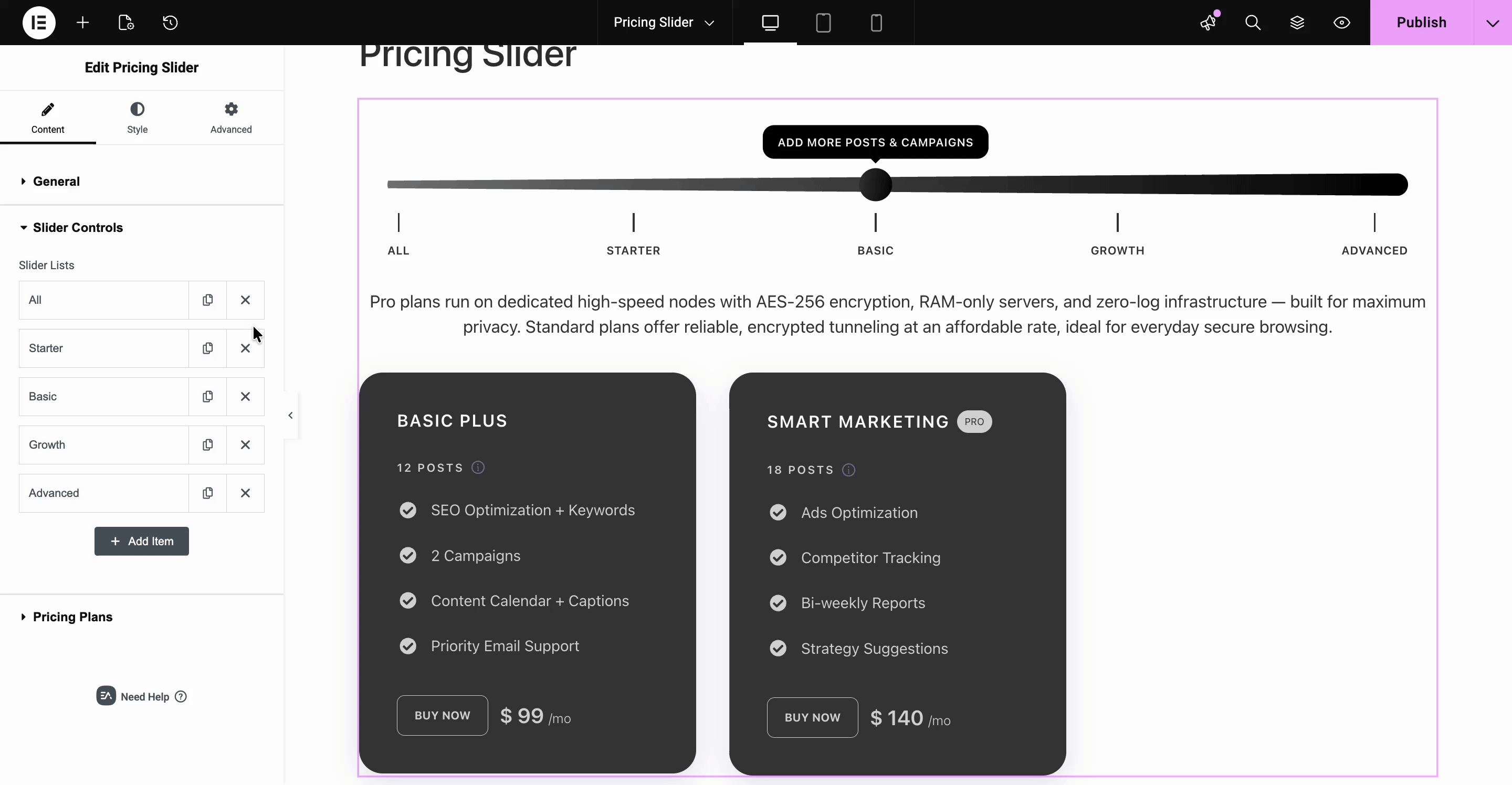 Slider control in pricing slider