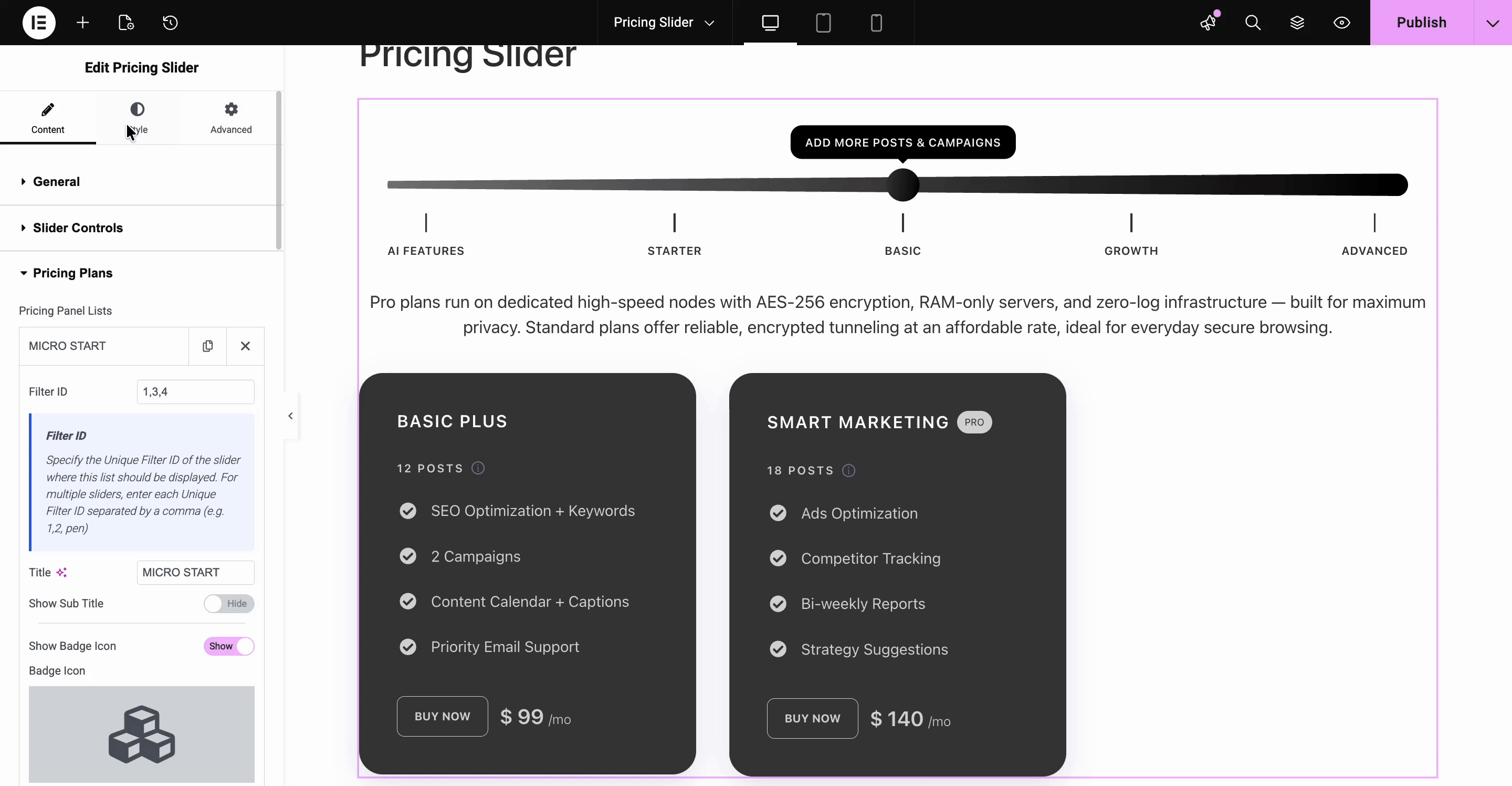 Styling section in pricing slider