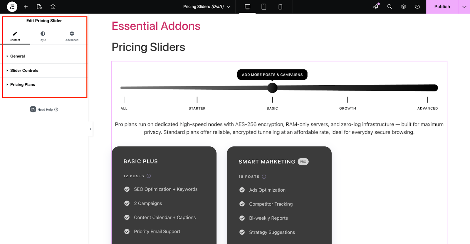 Pricing Slider settings