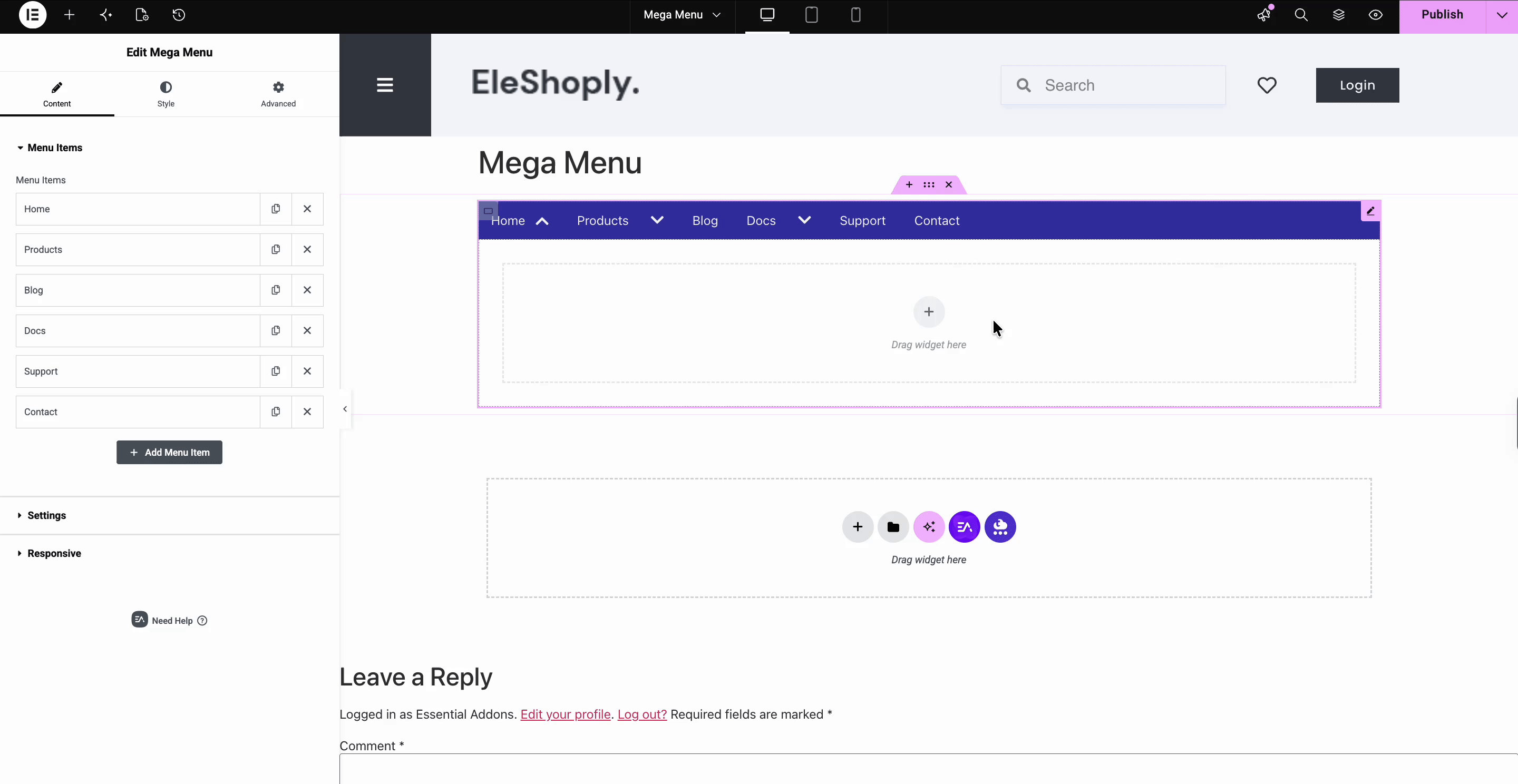 Menu layout