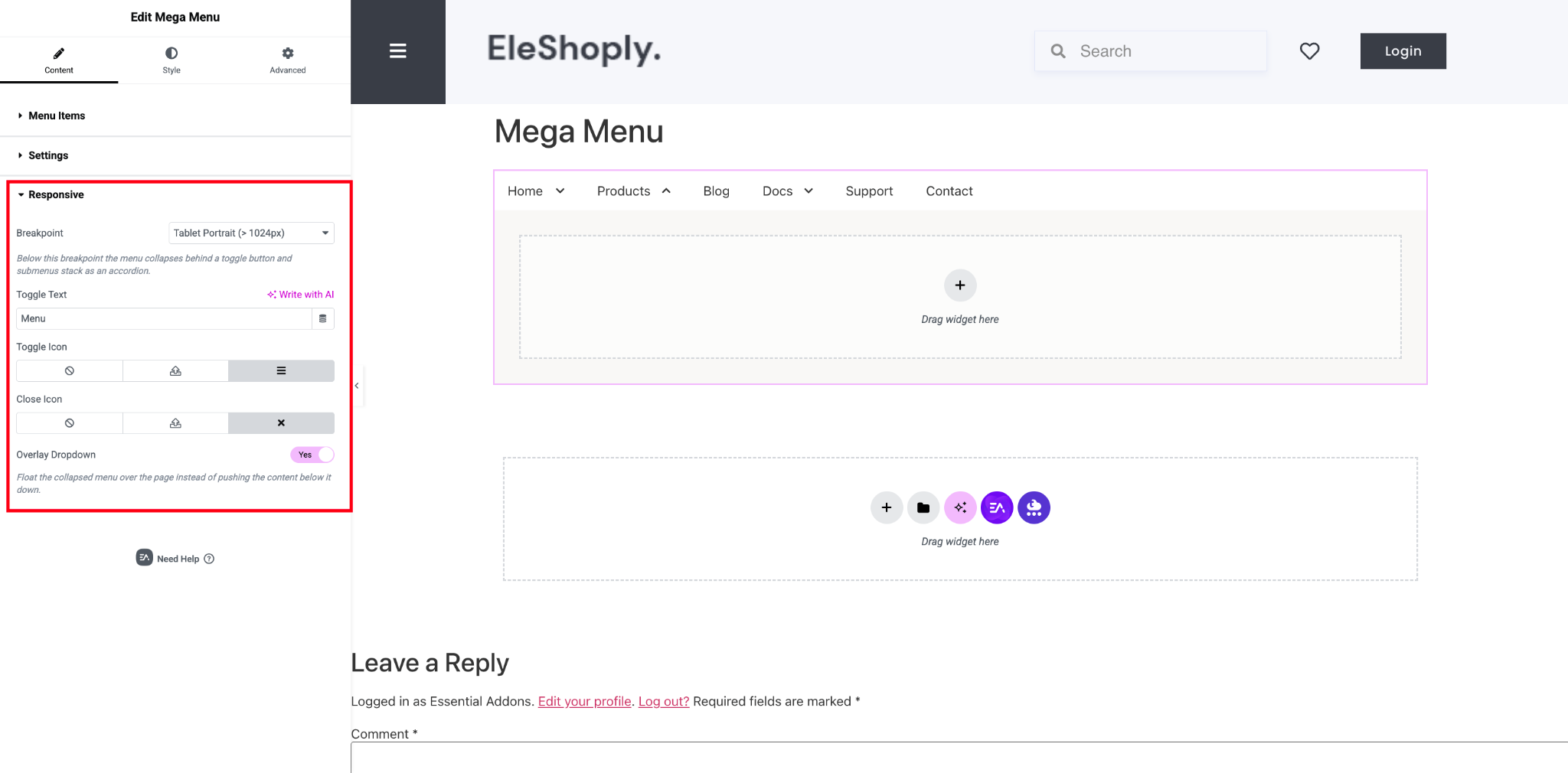 Setup responsive behavior